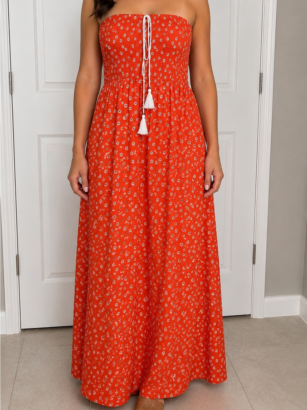 Ellen Weaver Orange Floral Strapless Smocked Maxi Dress Size‎ L